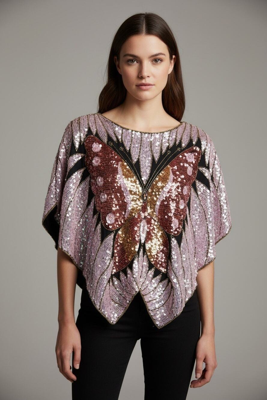 Swee lo 100% Silk Chiffon Kimono Blouse Beaded Sequin Butterfly One Size Boho